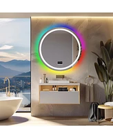 Luvodi 31.5 x 31.5 In Round Lighted Bathroom Mirror with Bluetooth, Front-lit Lights and Rgb Backlight