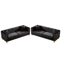 Chenille Pull Buckle Design Sofa for Living Room, Buttons Tufted With Copper Nail Decoration Armrest, Modern Couch Upholstered Button And Metal Legs