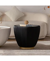 Modern Side Table, Round Drum Coffee Table with Sintered Stone, Pu Leather and metal Base, Black, 19.7"