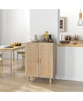 Sideboard Buffet Cabinet, Kitchen Cabinet, Coffee Bar Cabinet with 2 Rattan Doors and Adjustable Shelves, Natural