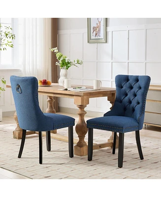 Nikki Tufted Upholstered Linen Dining Chair (Set of 2), Blue Linen