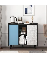 Sideboard Buffet Cabinet, Black Storage Cabinet with Red Doors, 2 Drawers with unique panel styling and 2 Open Storage Compartment