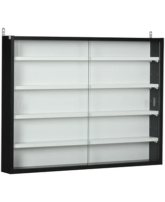 5-Tier Display Cabinet, Glass Display Case with 2 Doors and Adjustable Shelves, Wall-Mounted, Black, White