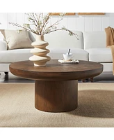 35.98inch Round Coffee Table with Cylindrical Leg,Wood Veneer Tabletop Table,Rounded Sofa Side Table for living Room Office,Brown