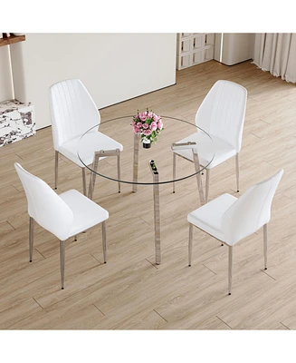 Modern Glass Table and White Pu Dining Chairs