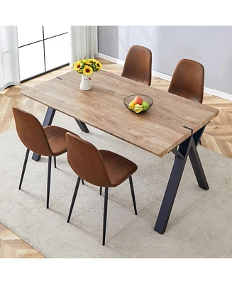 Wood-Textured Mdf Dining Set: 63" Table and 4 Brown Round Corner Chairs