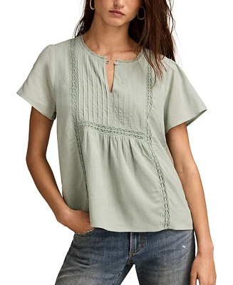 Lucky Brand Women's Cotton Pleated Split-Neck Peasant Top