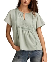 Lucky Brand Women's Cotton Pleated Split-Neck Peasant Top