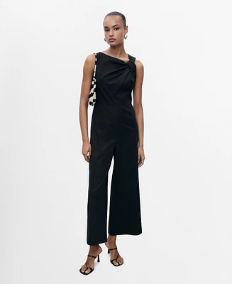 Mango Women's Draped Neck Long Culotte Jumpsuit