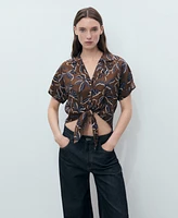 Mango Women's Floral-Print Knot Detail Cropped Shirt