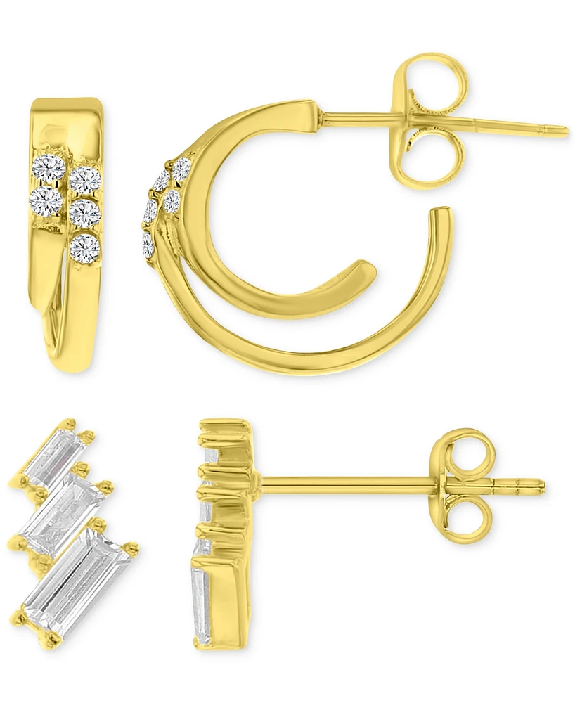 2-Pc. Set Cubic Zirconia Double Hoop & Graduated Baguette Stud Earrings in 14k Gold-Plated Sterling Silver