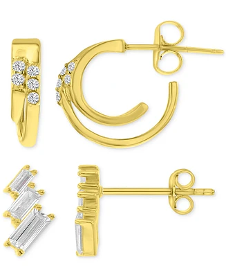 2-Pc. Set Cubic Zirconia Double Hoop & Graduated Baguette Stud Earrings in 14k Gold-Plated Sterling Silver