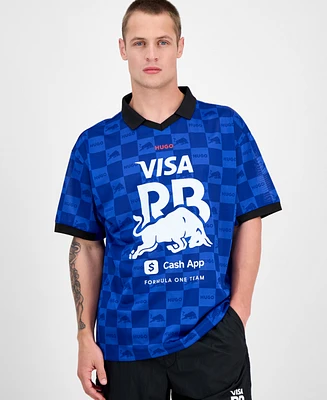 Hugo Boss Men's Fanwear Oversized Short Sleeve Open-Collar Check Logo Graphic Polo Shirt