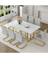 Marble Pattern Dining Table Set with 8 Pu Chairs (67"x36
