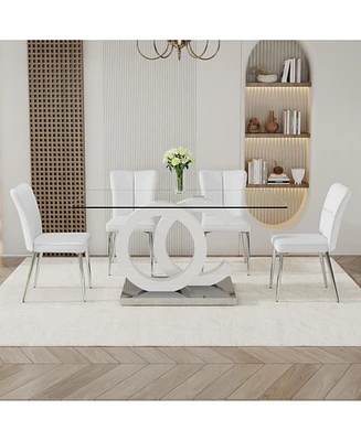 Transparant Glass Dining Set: 63"x35" Table with 4 Pu Stripe Chairs