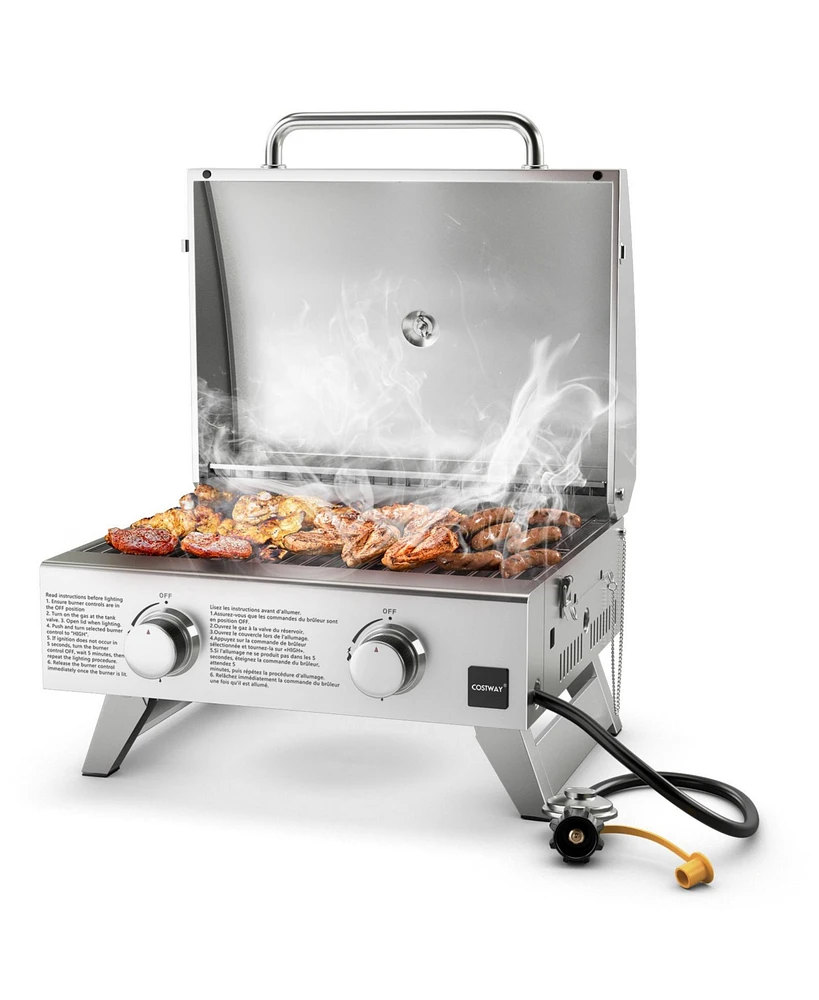 Stainless Steel Propane Grill with Lid for Outdoor Camping Tailgating Picnic Party