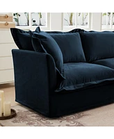 Cozy Blue Chenille L-Shaped Sofa with Ottoman and Detachable Cover