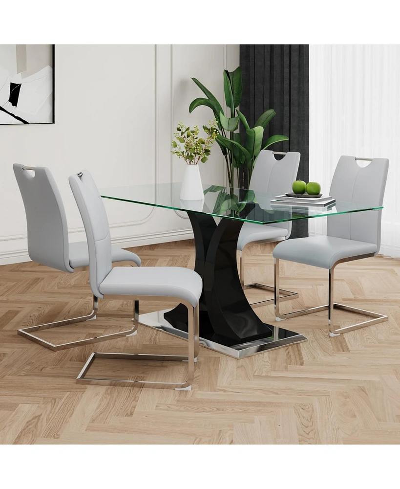 Modern Glass Dining Set: Transparent Table with Grey Chairs (Set of 5)