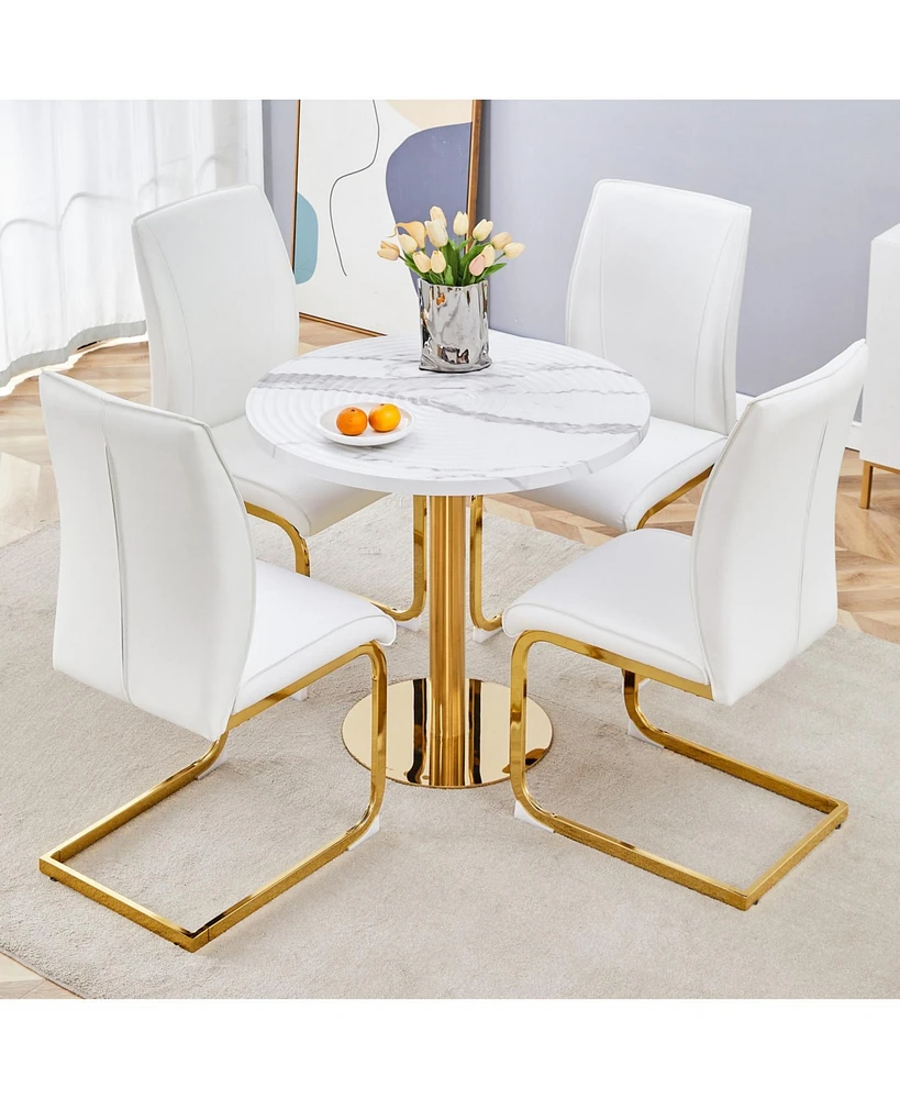 31.5" Marble Pattern Dining Table with 4 Pu Dining Chairs