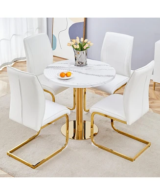 31.5" Marble Pattern Dining Table with 4 Pu Dining Chairs