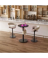 Bar Table, Round Cocktail Table with Lights and Glass Top, Large Steel Base, Pub Table for Kitchen, Bistro, Parties