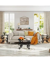 Tempered Glass 3-Piece Coffee Table Set with Sturdy Base (Rustic Black