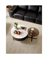 Modern Round White & reall wood color Coffee Table with Drawers and metal legs, Drum Coffee Table with Golden Legs Circular Center Table with ceramic