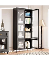 Large Metal Storage Cabinet Display Cabinet with 4 Glass Doors 5 Shelves Side Cabinet Bookcase Freestanding Cabinet for Bedroom Living Room Pantry Hom