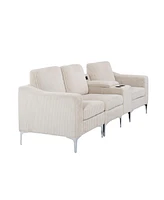 Convertible Sectional Corduroy Sofa with Cupholders, Usb,Three-seater,Beige