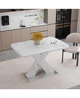 Modern Square Dining Table, Stretchable, with Printed White Marble Table Top+Mdf X-Shape Table Leg with Metal Base