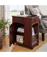 Powered End Table with Charging Station, Nightstand with Storage, Wheels, Red