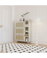 Natural Bohemia Style Shoe Cabinet, Shoe Rack Cabinet with 3 Rattan Flip Drawers,3 Square Shelves and 1 Storage Drawer, Shoe Organizer with Mulit Stor