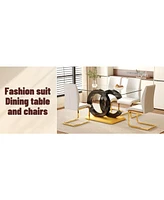 63" Glass Dining Set with 4 White Chairs, Gold Legs