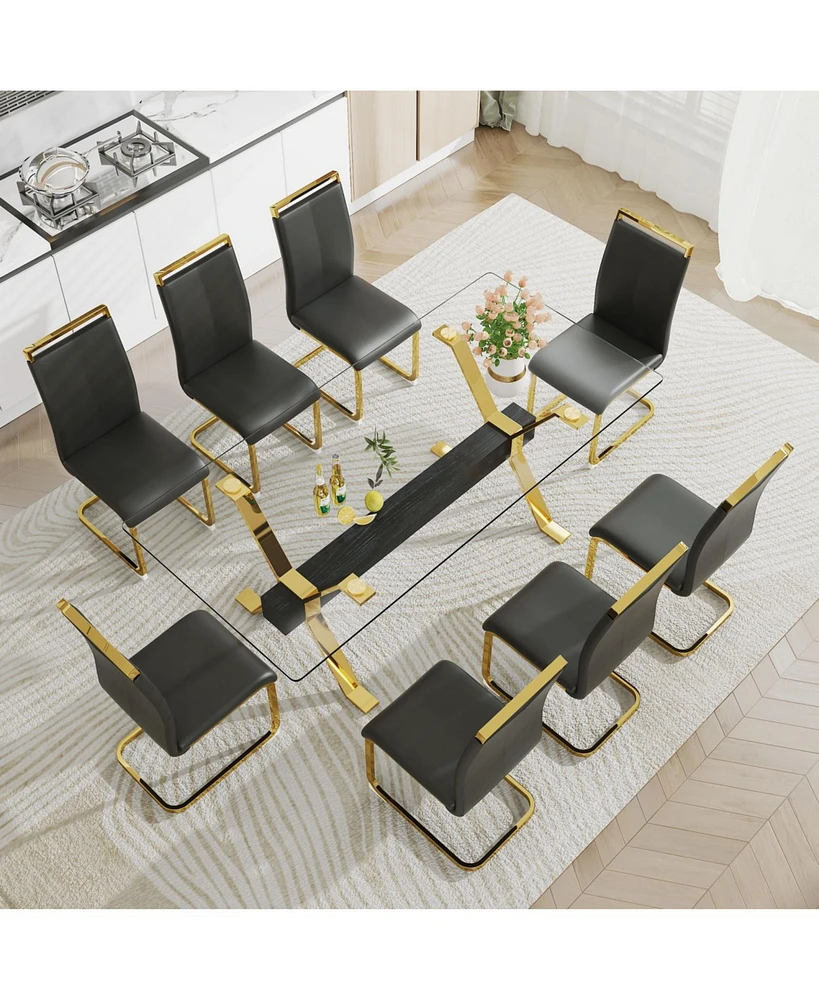 Glass Dining Set: Table & 8 Black/Gold Chairs
