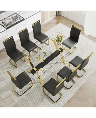 Glass Dining Set: Table & 8 Black/Gold Chairs