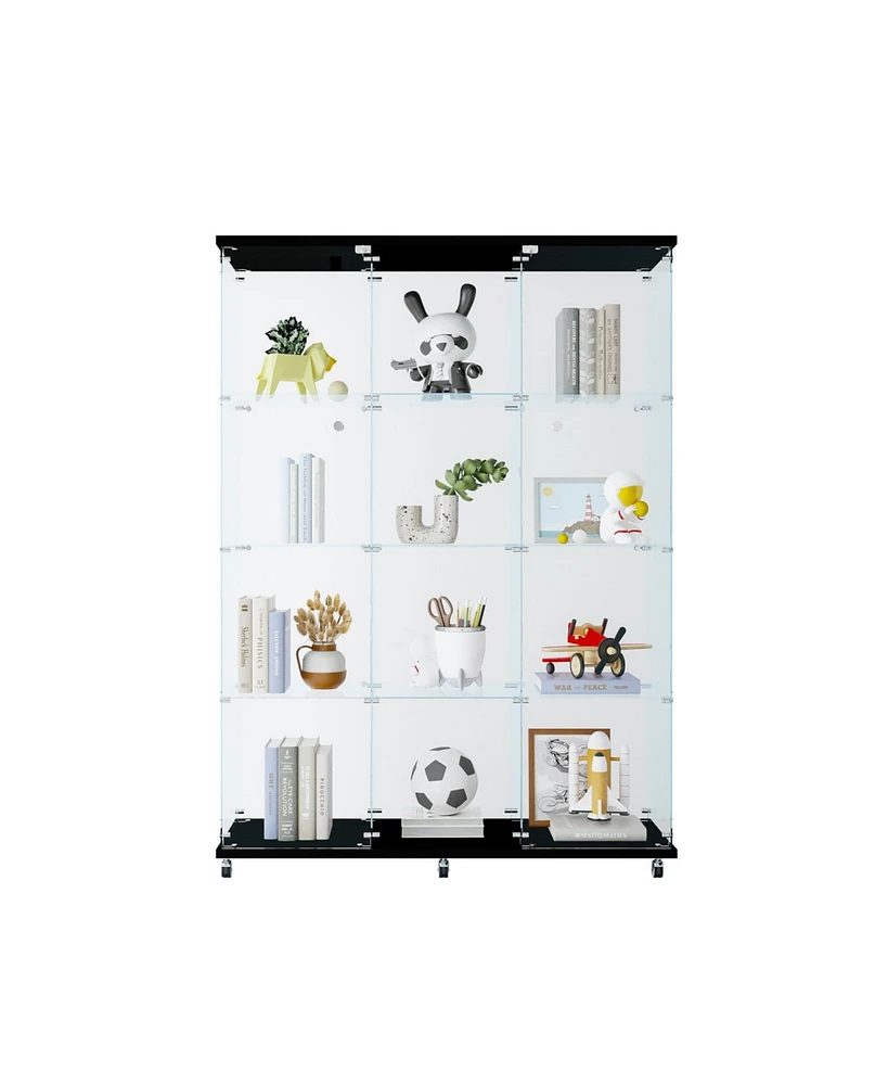 3 Door Glass Cabinet Glass Display Cabinet with 4 Shelves, Black