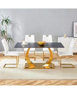 Sintered Stone Dining Set: 63" Table & 4 White/Gold Chairs