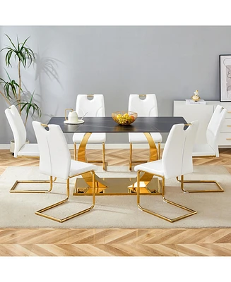 63" Sintered Stone Dining Set: Black Table, 6 White/Gold Chairs