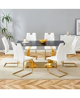 63" Sintered Stone Dining Set: Black Table, 6 White/Gold Chairs