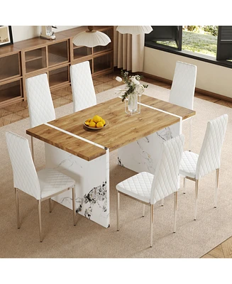 55" Dining Table & 6 White Chairs - Minimalist Style