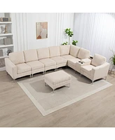 Beige Corduroy Convertible Sectional Sofa with Ottoman, Usb