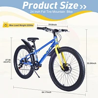 24 Inch Bicycles, Fat Tire Mountain Bike for Boys and Girls Age 10 + Years, Dual-Disc Brake,Shimano 7-Speed