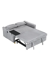 Pull-out Gray Corduroy Sofa with Dual Functions and Usb Ports