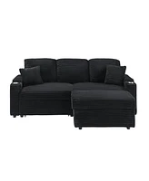 80" Foldable Chaise with Storage and Cup Holders (Corduroy, Black)
