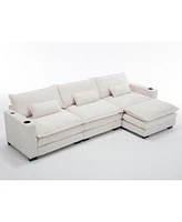 L Shape Sofa Couch with Usb & Cup Holders, Corduroy Stripe Fabric 3 Seater Sofa with 1 Ottoman, Beige