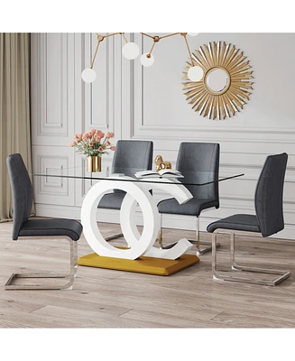 Tempered Glass Dining Set with Pu Chairs: 63x35.4in, Silver Legs