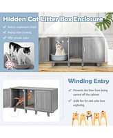 2-Door Cat Litter Box Enclosure with Winding Entry and Scratching Board