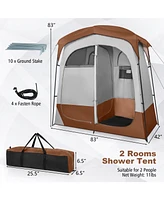 2 Rooms Oversize Privacy Shower Tent with Removable Rain Fly and Inside Pocket-Brown