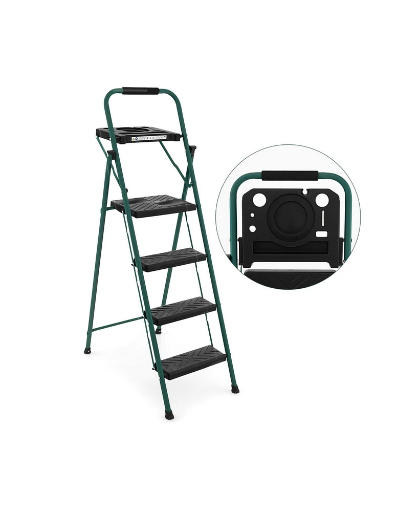 Folding 4-Step Ladder with Tool Tray Non-Slip Footpads and Pedals
