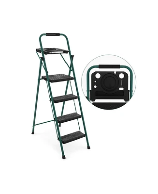 Folding 4-Step Ladder with Tool Tray Non-Slip Footpads and Pedals